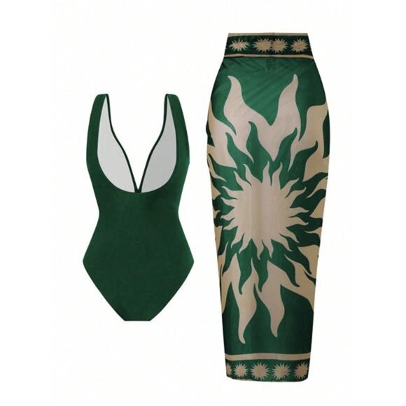 2pcs Women Solid Green Bandage Swimsuit & Net Printed Long Skirt Set - Picture 2 of 6
